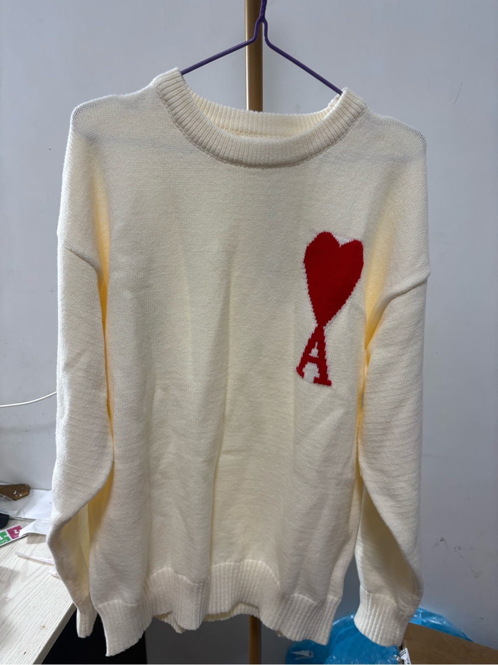 Ami Cream Crewneck Sweater with Red Heart A